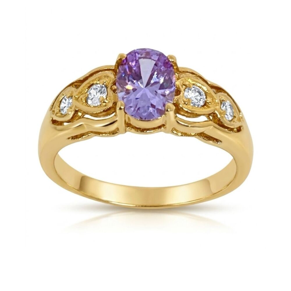 Vintage 1980s Ring Size 4 Lavender CZ Prong Set Gold Plated Band - 14J